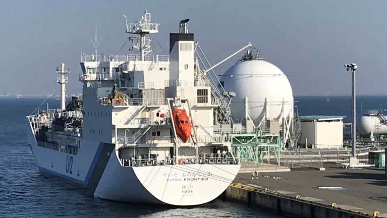 A liquefied hydrogen carrier transporting its first cargo from Australia extracted from brown coal is docked at Kobe Works yard in Kobe, western Japan, on Jan. 13: not all hydrogen is the same. (Photo by Naoki Hori)
